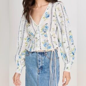 Free People Floral Eyelet Puff Sleeve Blouse Blue White V-Neck Smocked Back S